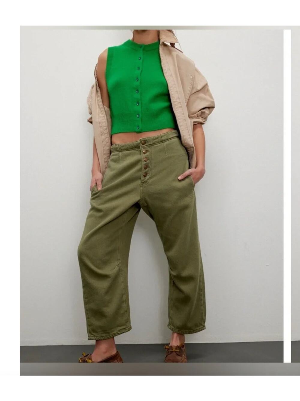 Free People We The Free Osaka Barrel Mid Rise Barrel Pants Olive Green Size 27